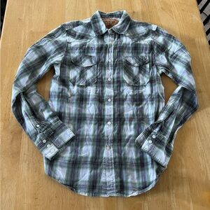 Guess Men's Green and White Plaid Button-Down Shirt
